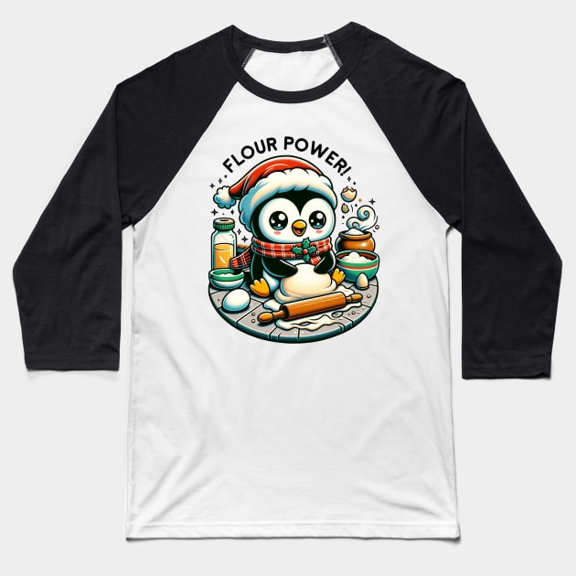 Flour Power Kawaii Christmas Penguin Baking Baseball T-Shirt by TheCloakedOak